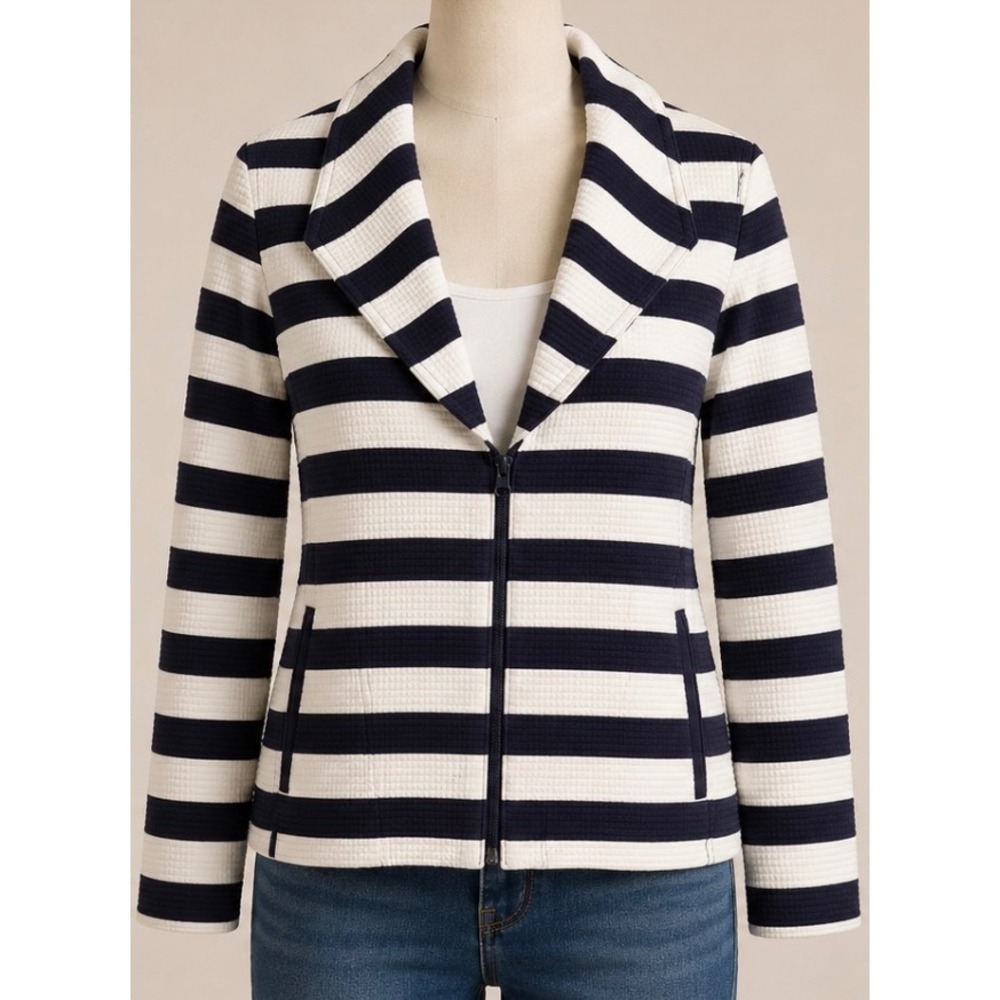 Talbots Navy White Striped Zip Front Jacket Petite Medium MP Nautical Blazer